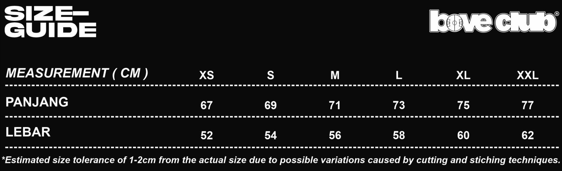 Bove Club Size Chart